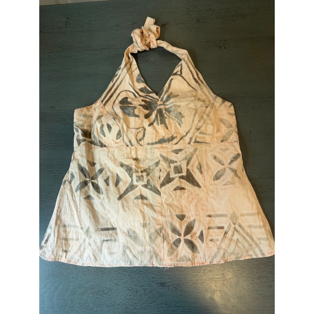 POP People of Polynesian Pride Halter Top Peach Grey Tribal Print Medium